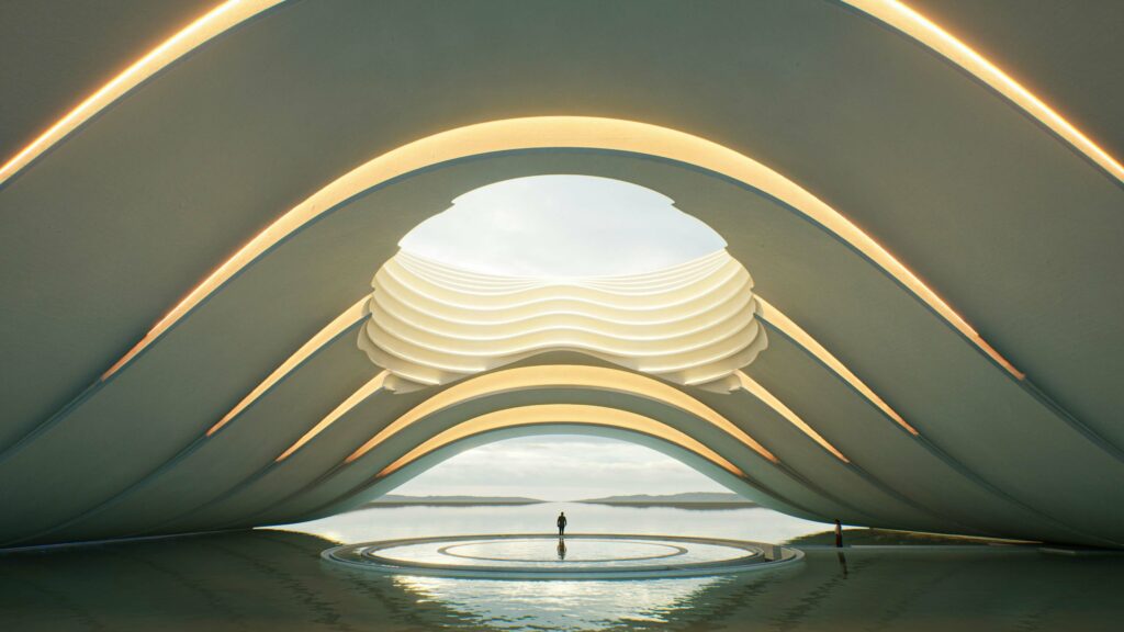 futuristic building with man standing under it